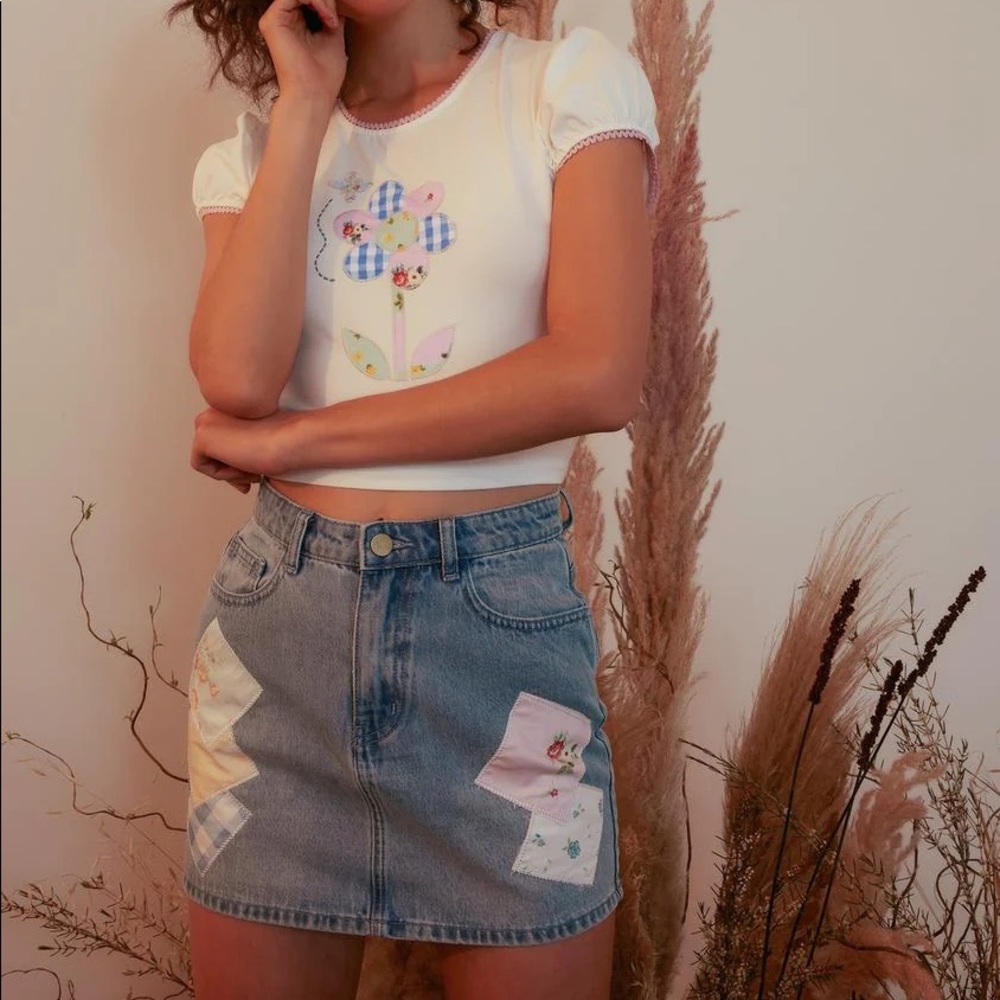 holly hobbie x dolls  kills denim patchwork skirt